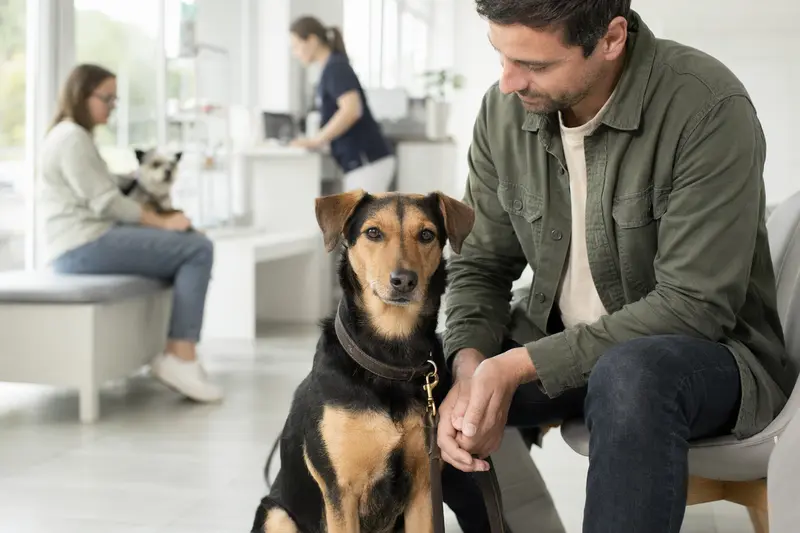 Ein Österreichischer Pinscher sitzt ruhig neben seinem Besitzer im Wartezimmer einer modernen Tierarztpraxis.